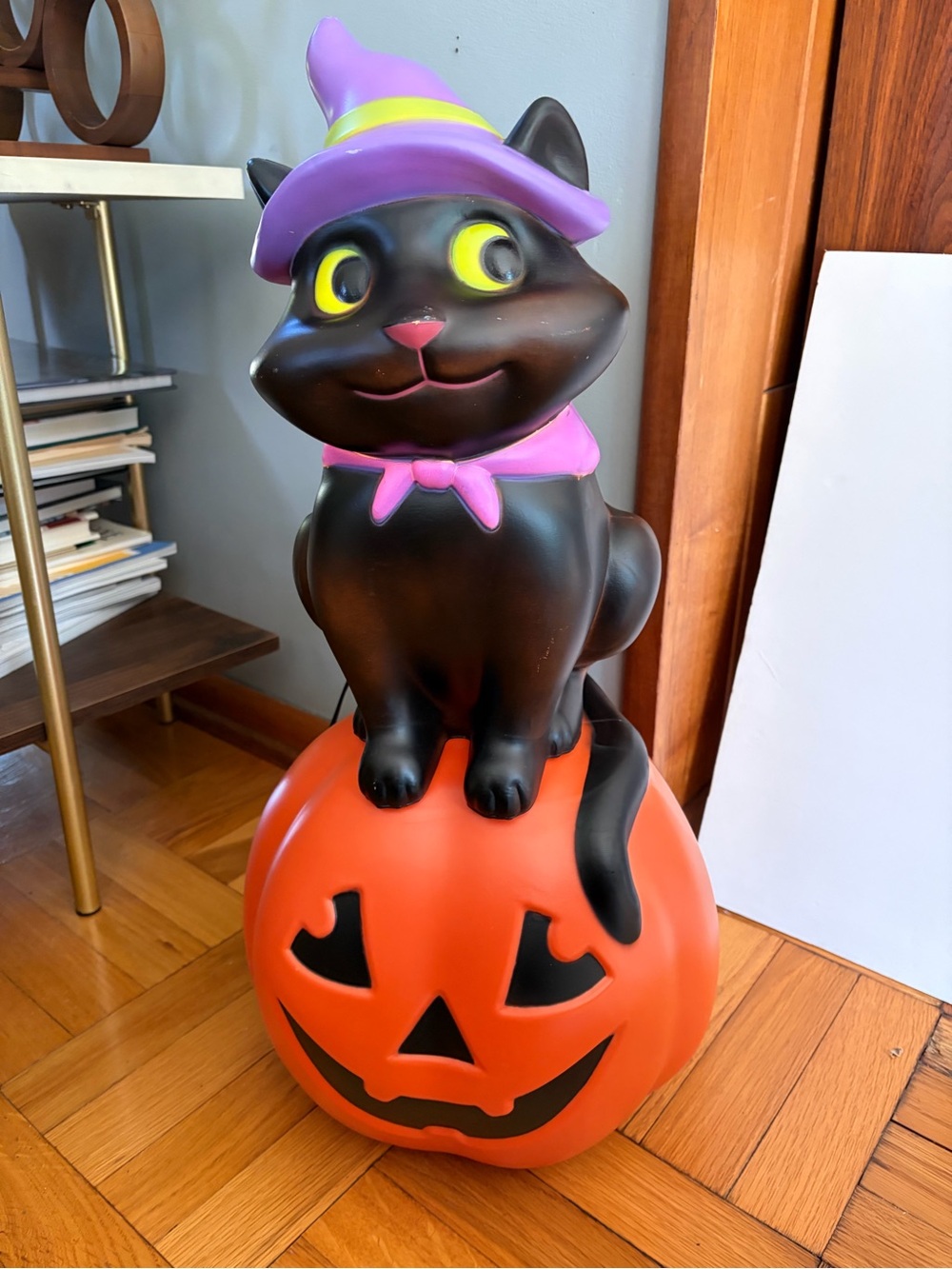 Cracker Barrel Black Cat on Orange Pumpkin Halloween 24” Blow Mold.